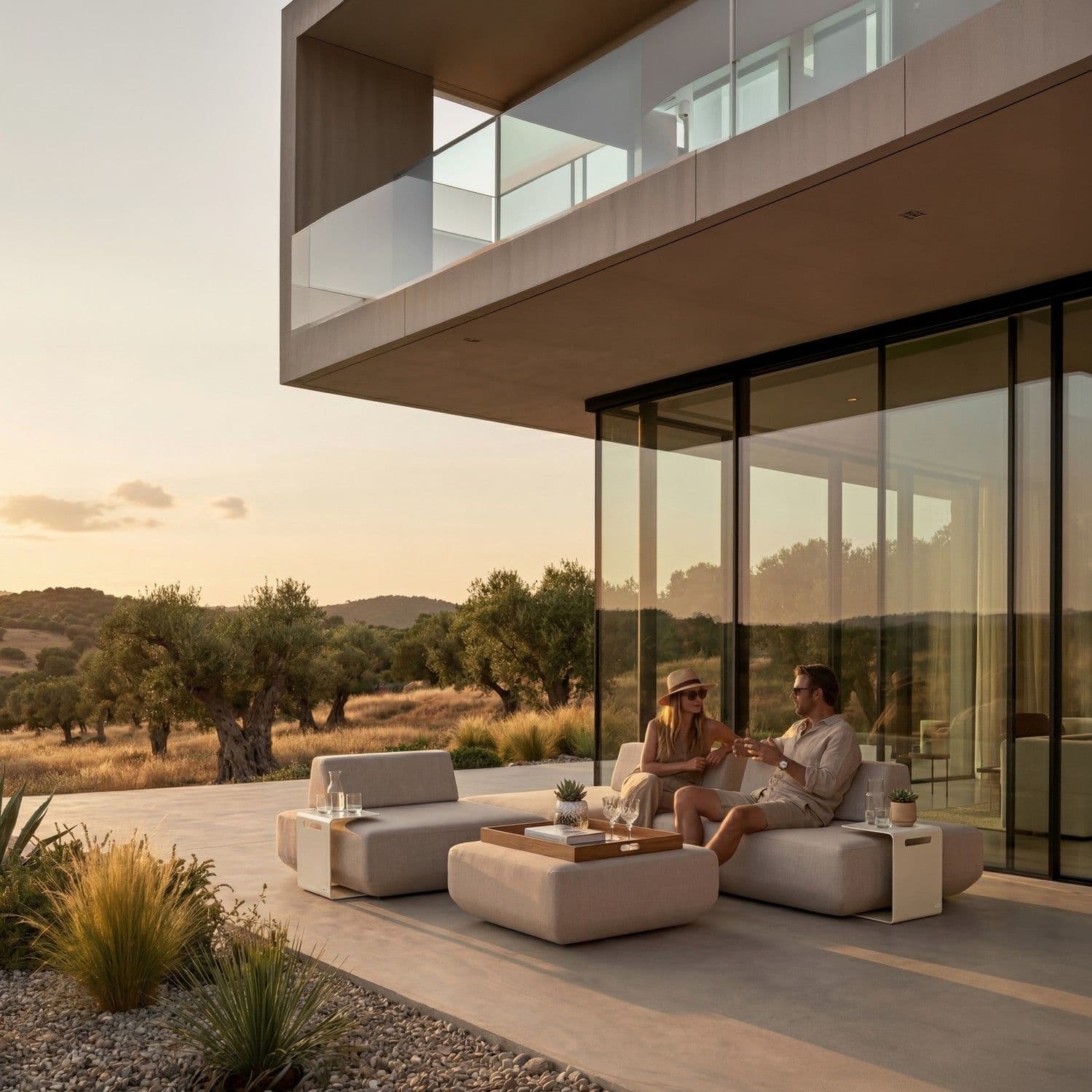 BLOOM Loft luxury outdoor lounge on a modern terrace at sunset, overlooking a Mediterranean landscape. Premium fabric sofa, o