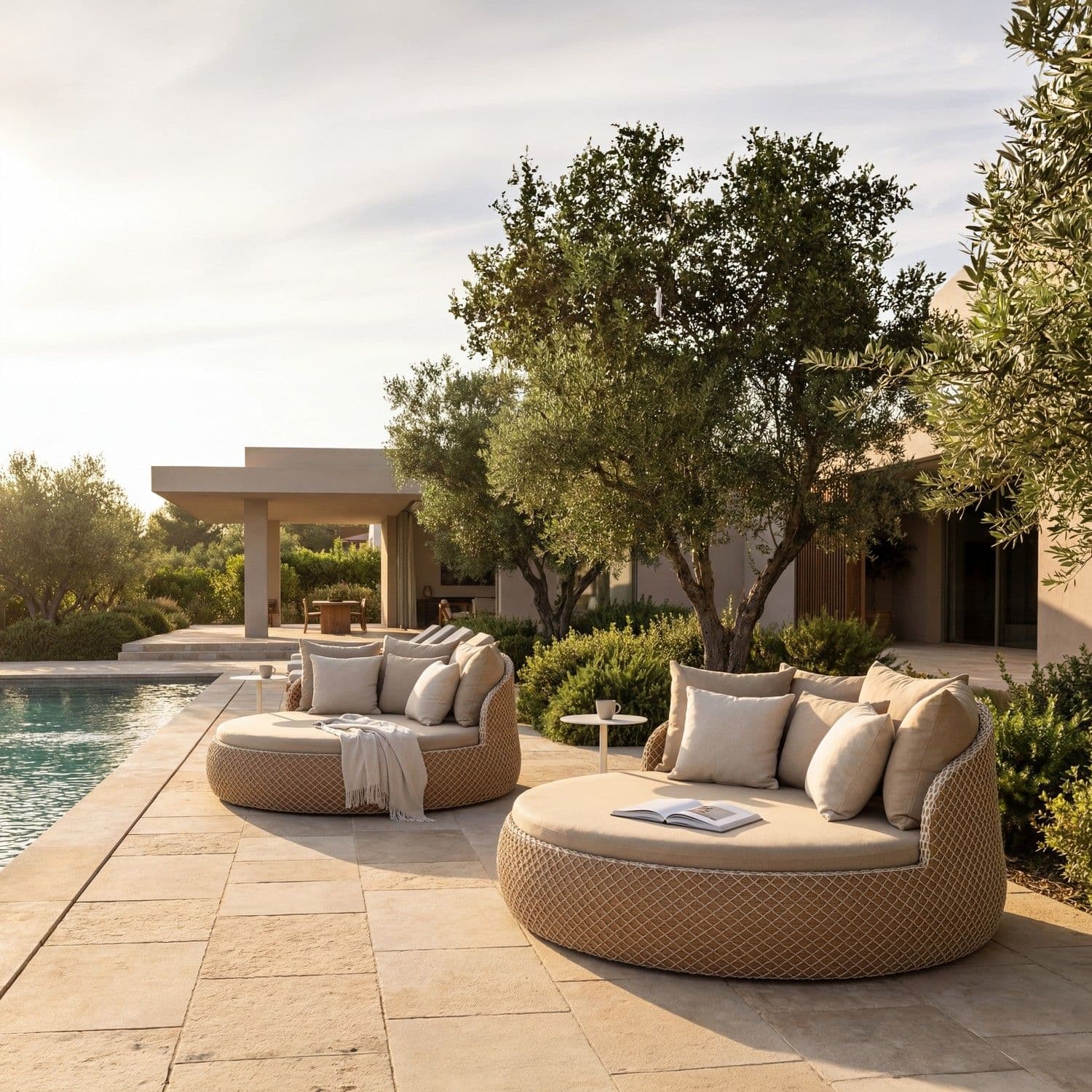 BLOOM Kali luxury woven daybeds on a sun-drenched poolside terrace. Premium outdoor lounge furniture for exclusive resorts &