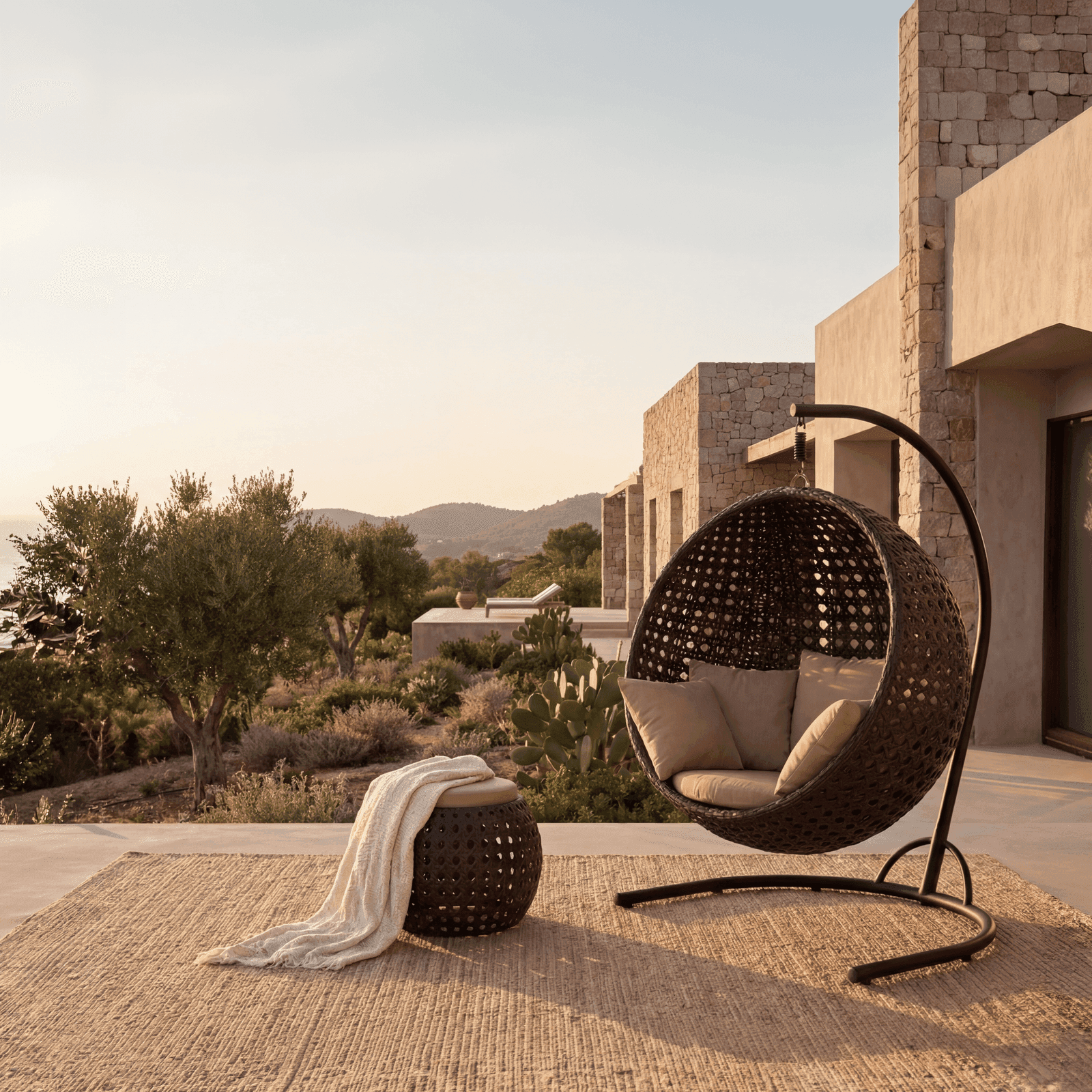 Hemisphere woven hanging chair and matching side table with blanket on a Mediterranean terrace overlooking a coastal.
