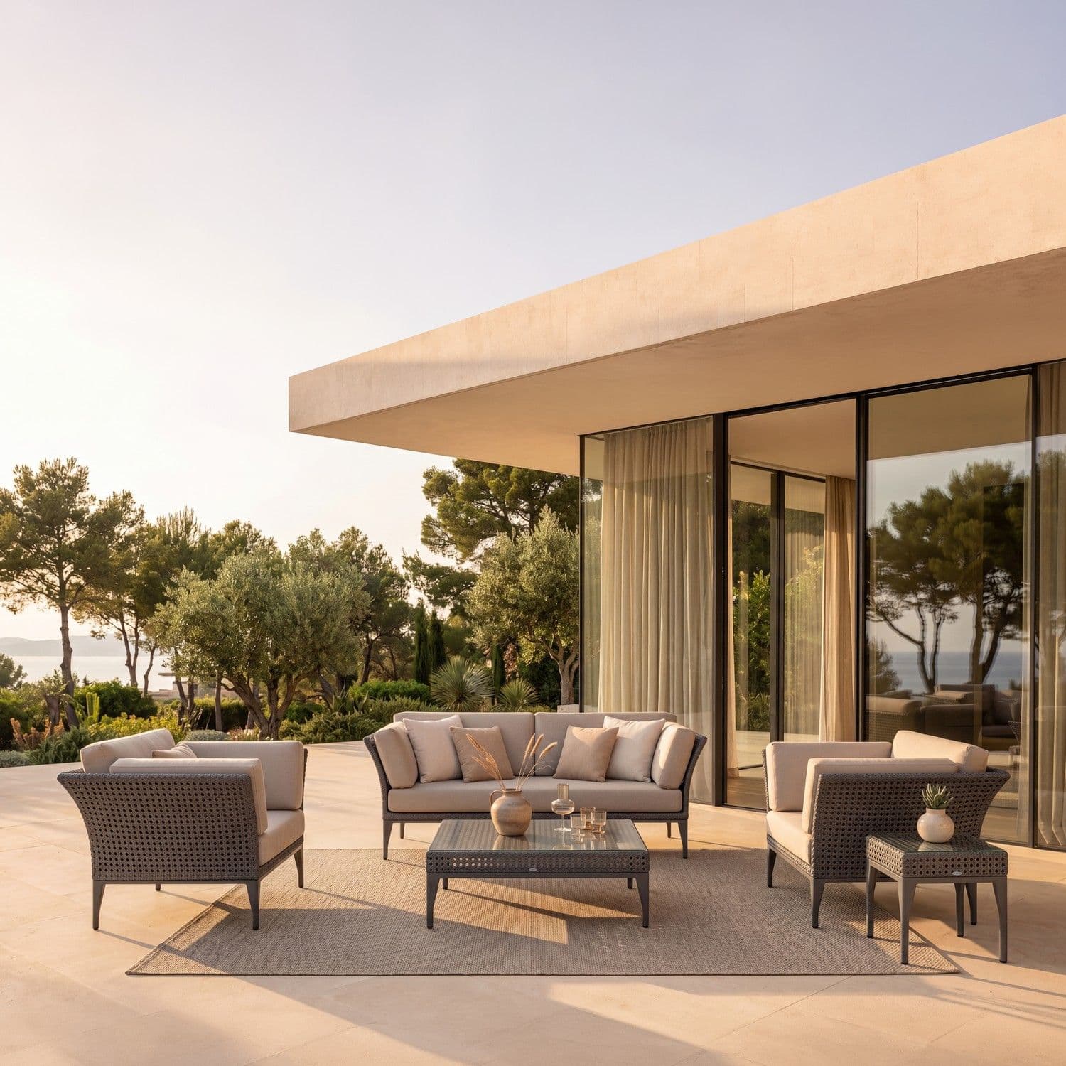 BLOOM Reef luxury outdoor lounge set on a premium coastal terrace. Handcrafted woven sofa, armchairs, coffee table, overlooki