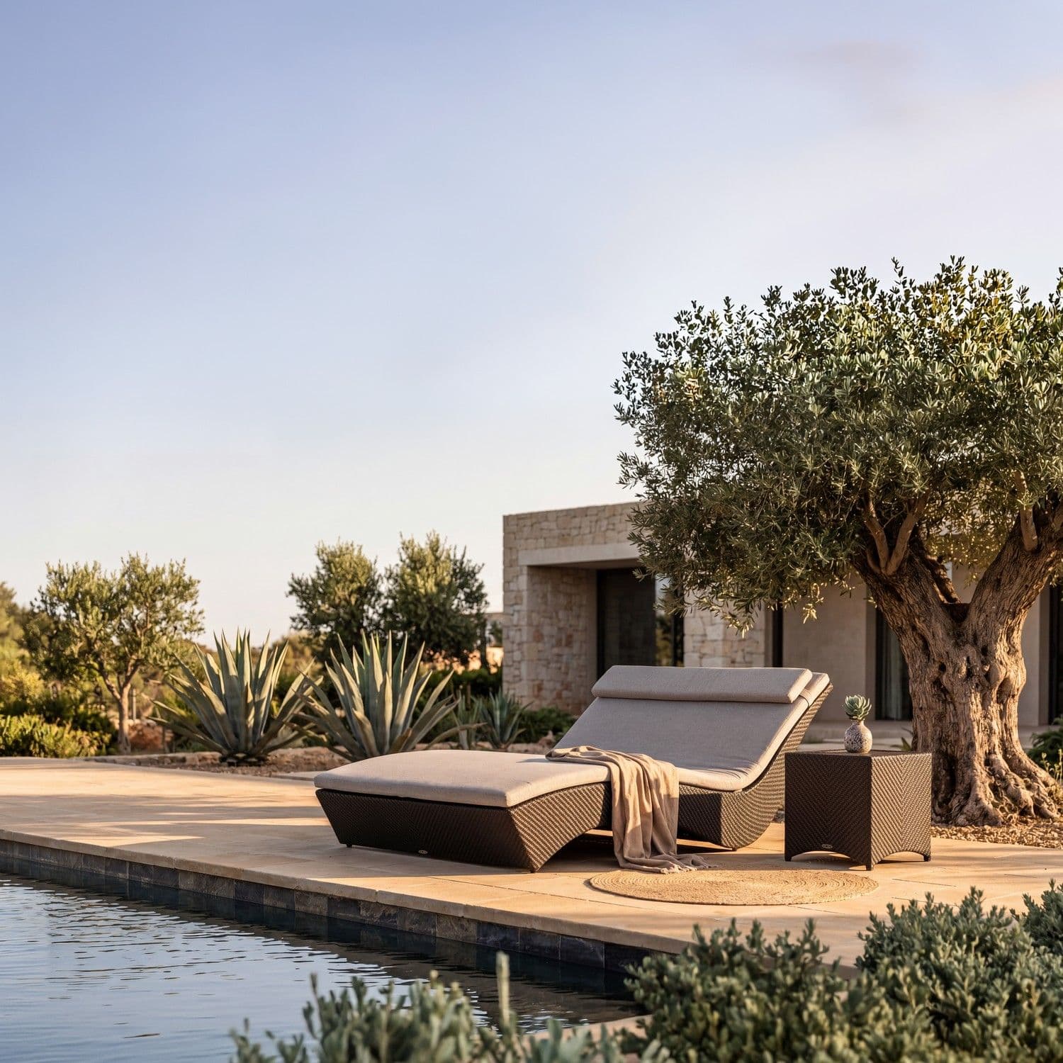 BLOOM Monte Carlo luxury woven chaise lounge and side table by a serene poolside, perfect for designer outdoor living or reso