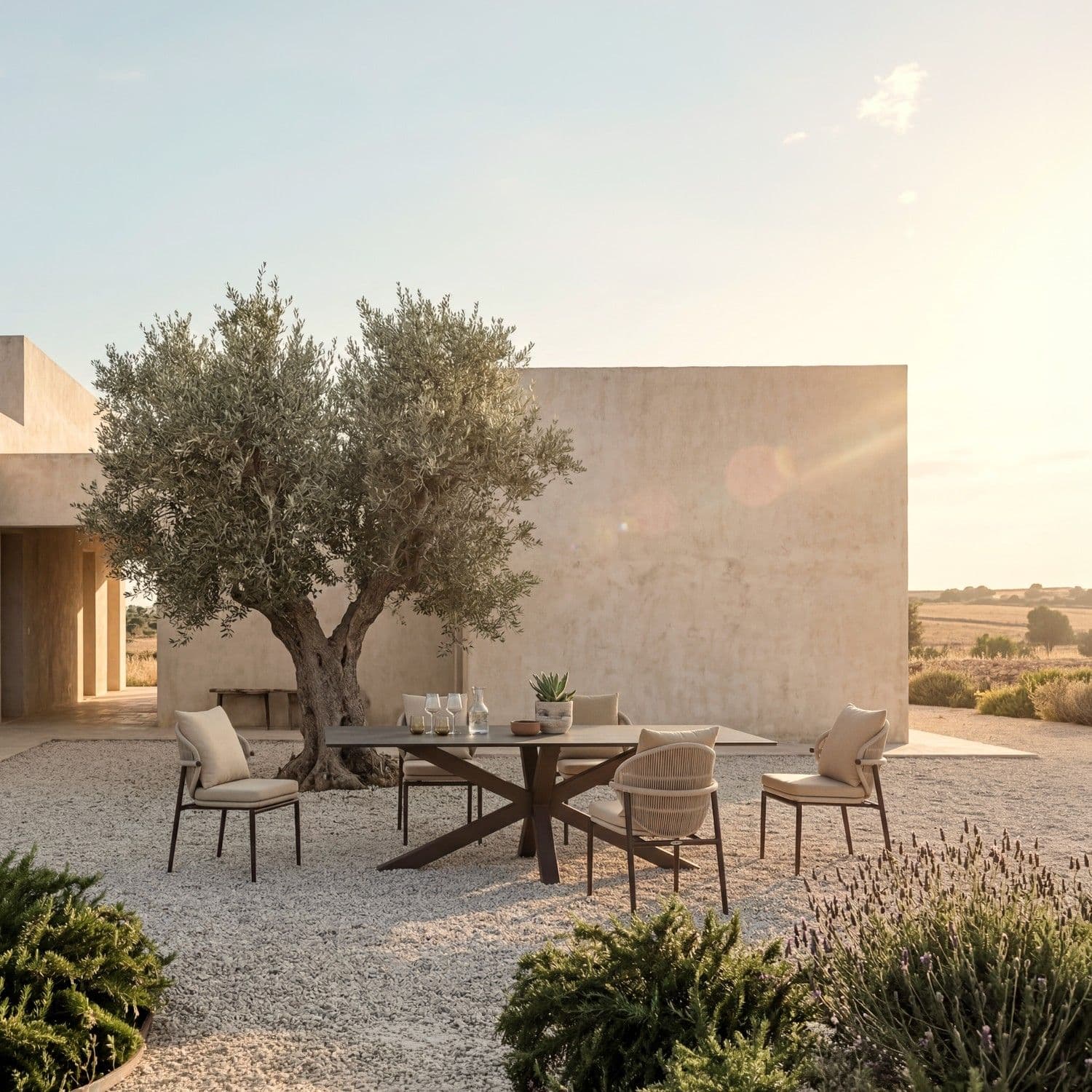 BLOOM Matrix luxury outdoor dining set on a Mediterranean villa terrace. Designer table & chairs with fabric/woven details un