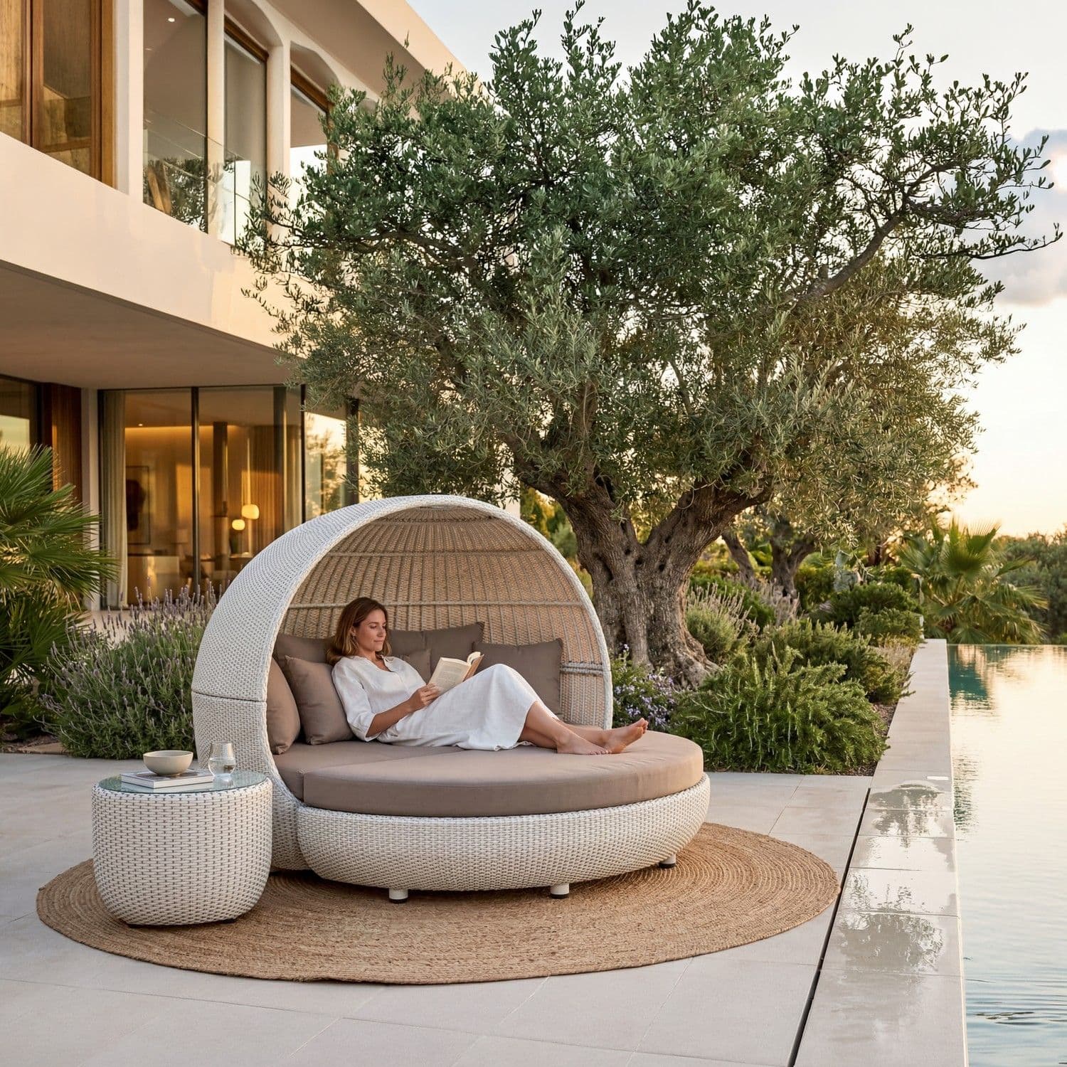 BLOOM Lagoon handcrafted luxury daybed & side table by an infinity pool. Premium woven outdoor furniture for exclusive resort