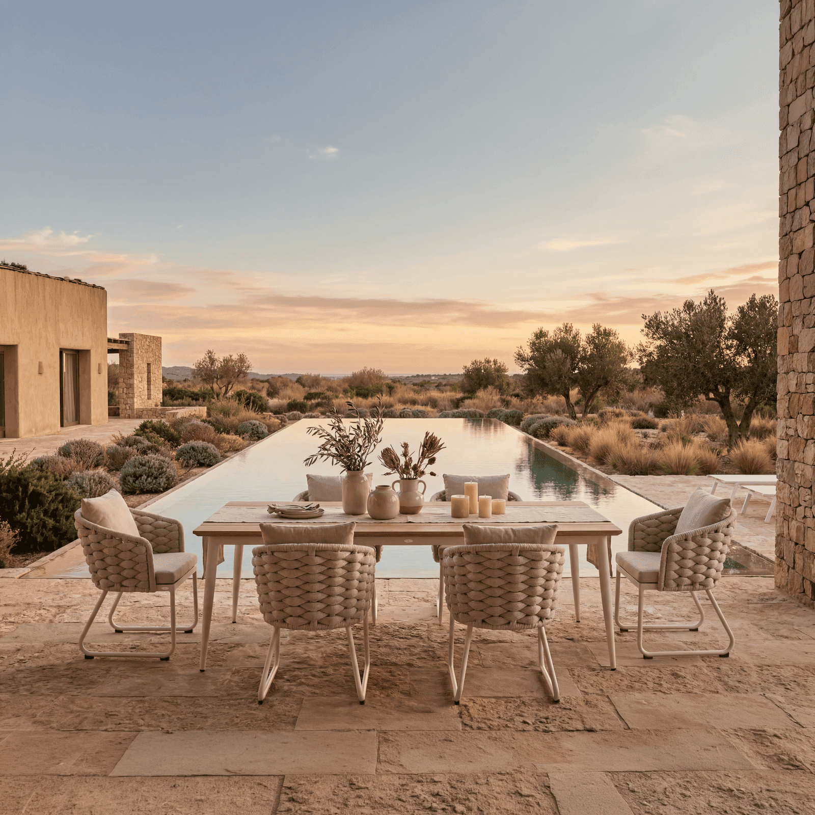 Woven rope dining armchairs and a wooden top dining table by an infinity pool at a Mediterranean villa during sunset.
