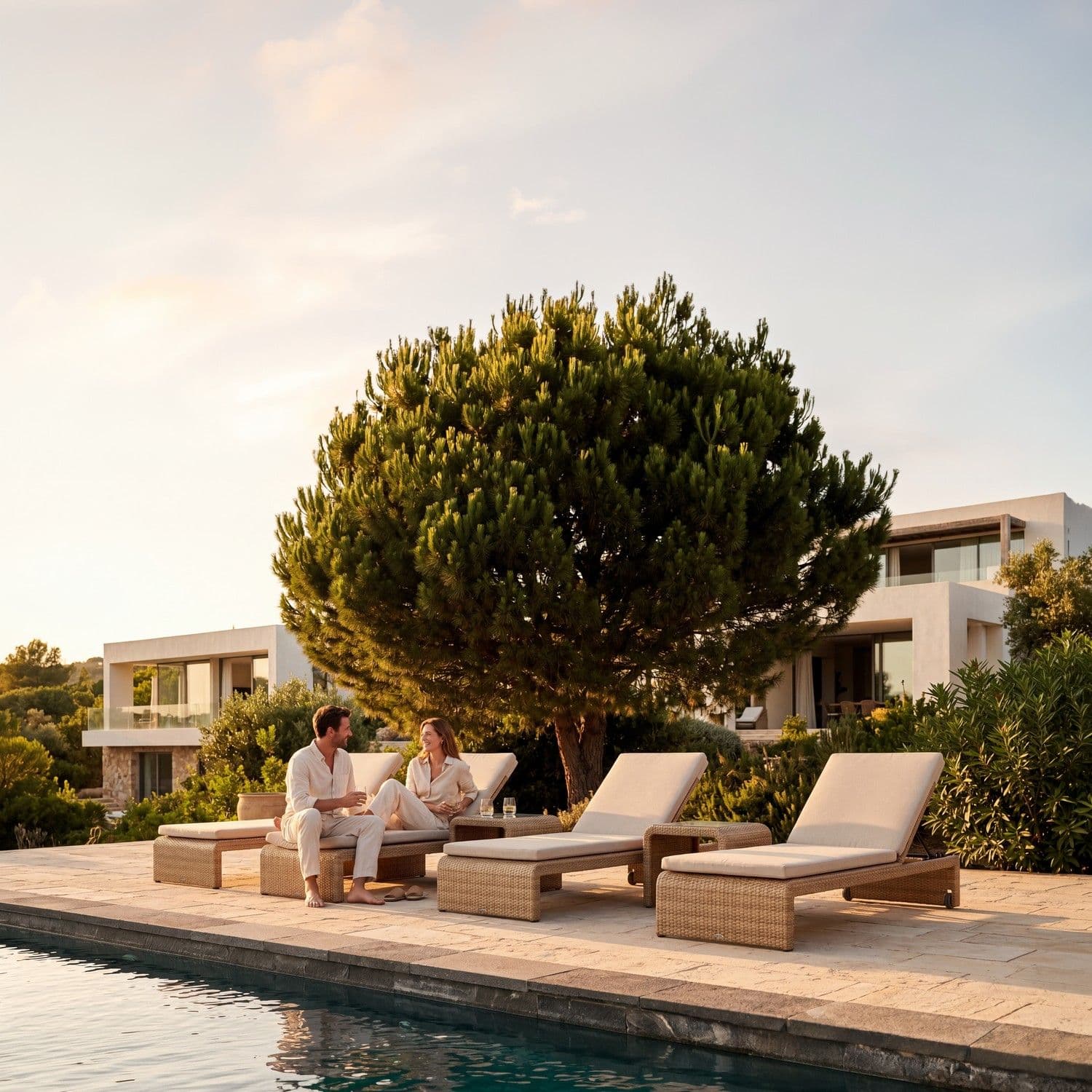 BLOOM Simplicity luxury woven sun loungers & daybed on a premium poolside terrace. Designer outdoor living for exclusive reso