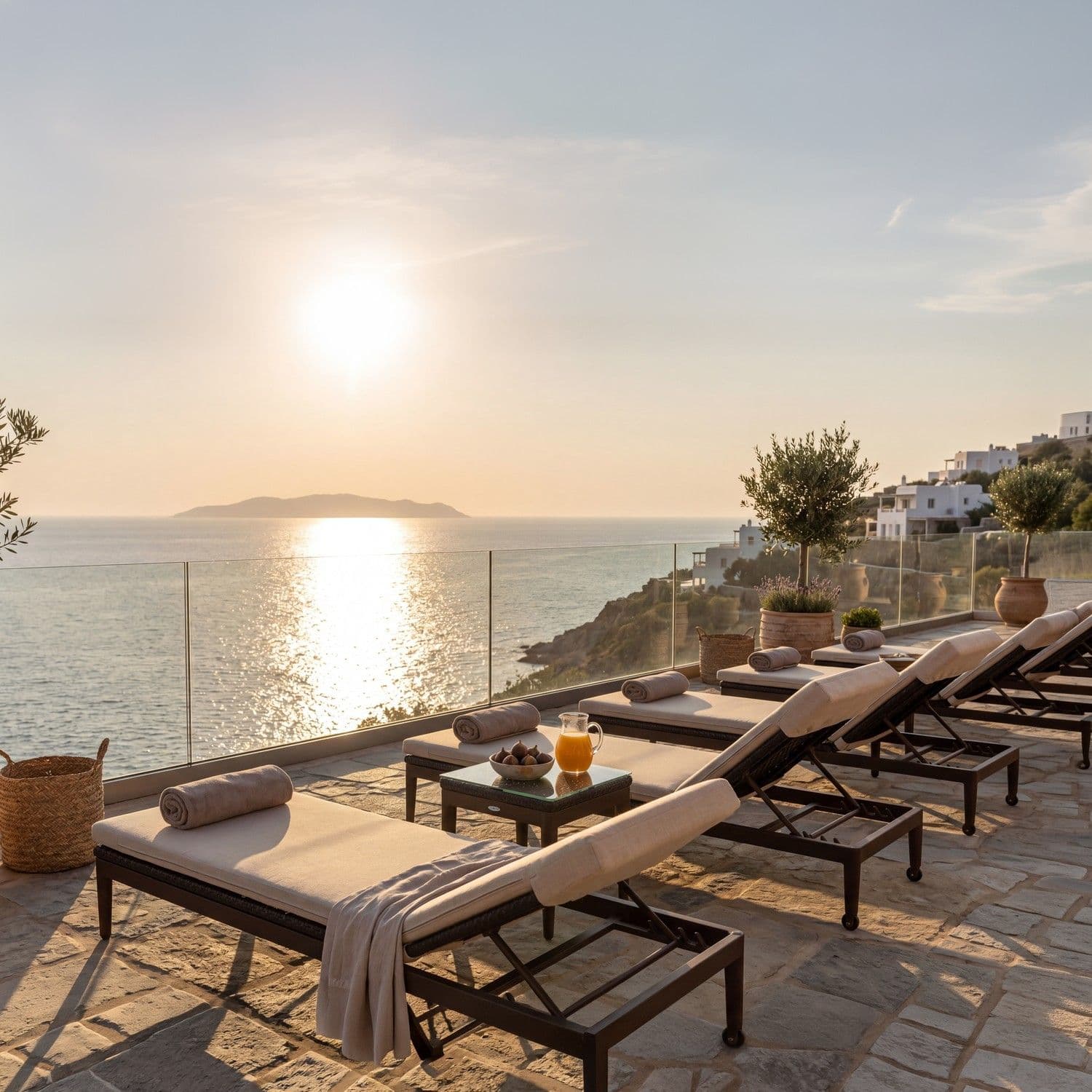 BLOOM Pure collection luxury sun loungers on an exclusive coastal hotel terrace. Premium designer outdoor living at sunset.