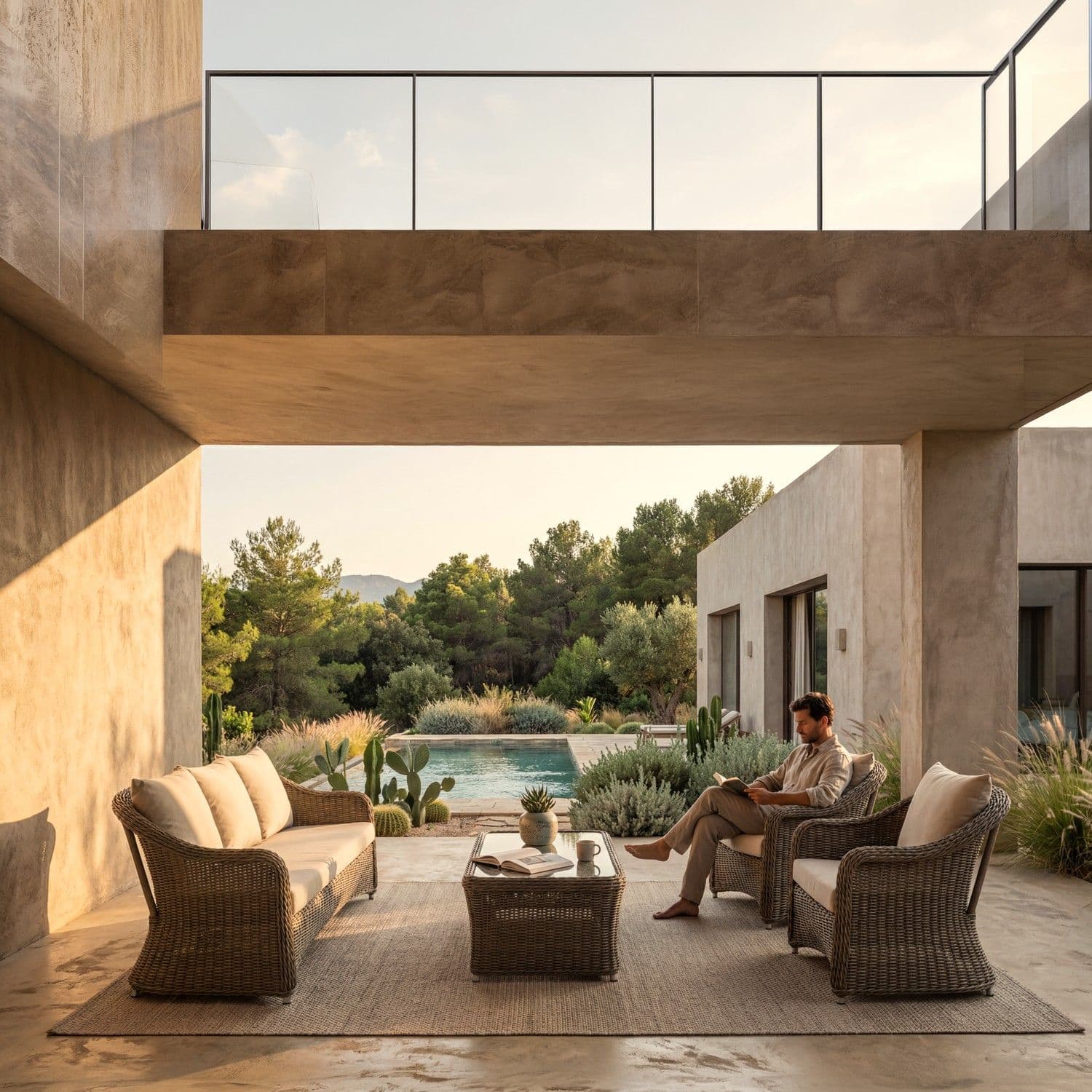 BLOOM Santiago luxury woven lounge set on a premium poolside terrace. Designer outdoor sofa, chairs & coffee table for exclus