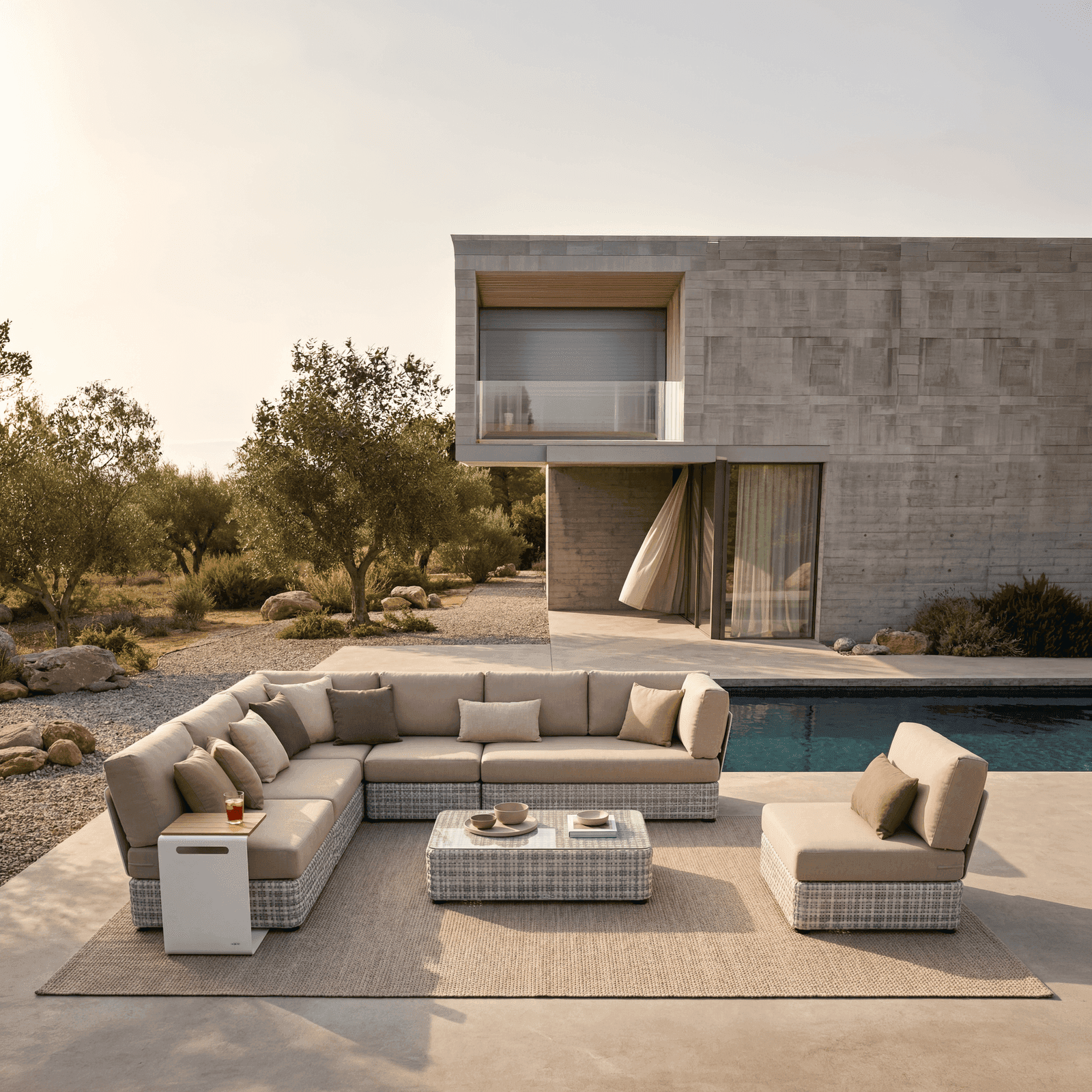 Modular outdoor lounge sofa with woven base and beige cushions, a glass coffee table, and side table on a patio by a pool.