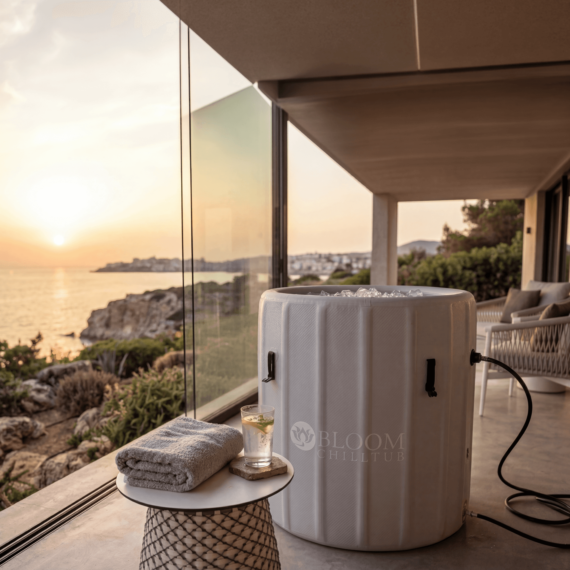 Bloom Chilltub barrel on a luxury oceanfront terrace at sunset, styled with a folded towel and refreshing drink on a Kali side table