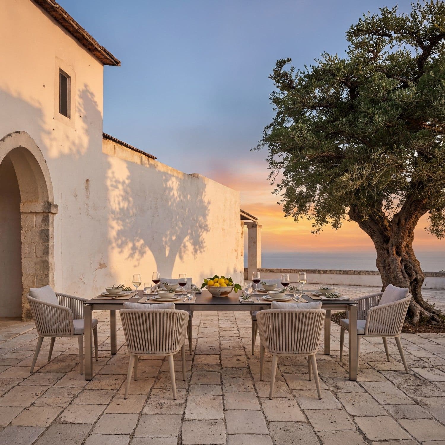 BLOOM X-Tend luxury outdoor dining set on a coastal terrace at sunset. Premium woven rope chairs, aluminum table, sea view. P
