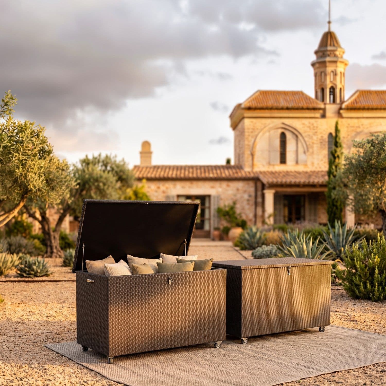 BLOOM luxury Cushion Boxes, handcrafted woven outdoor storage for premium cushions, set in an exclusive Mediterranean garden