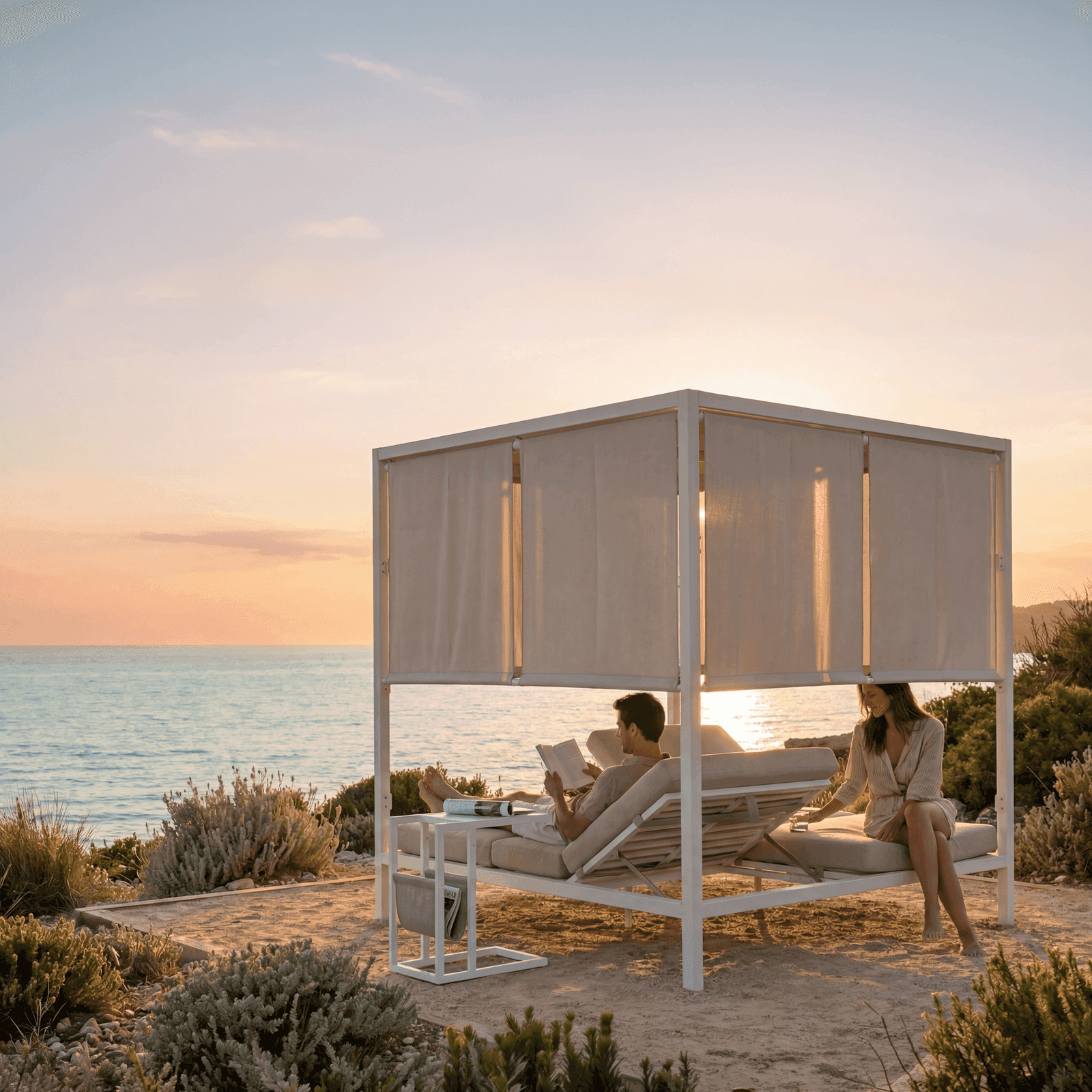 A couple relaxing on a white aluminum canopy daybed with beige cushions on a sandy beach at sunset, ocean in background.