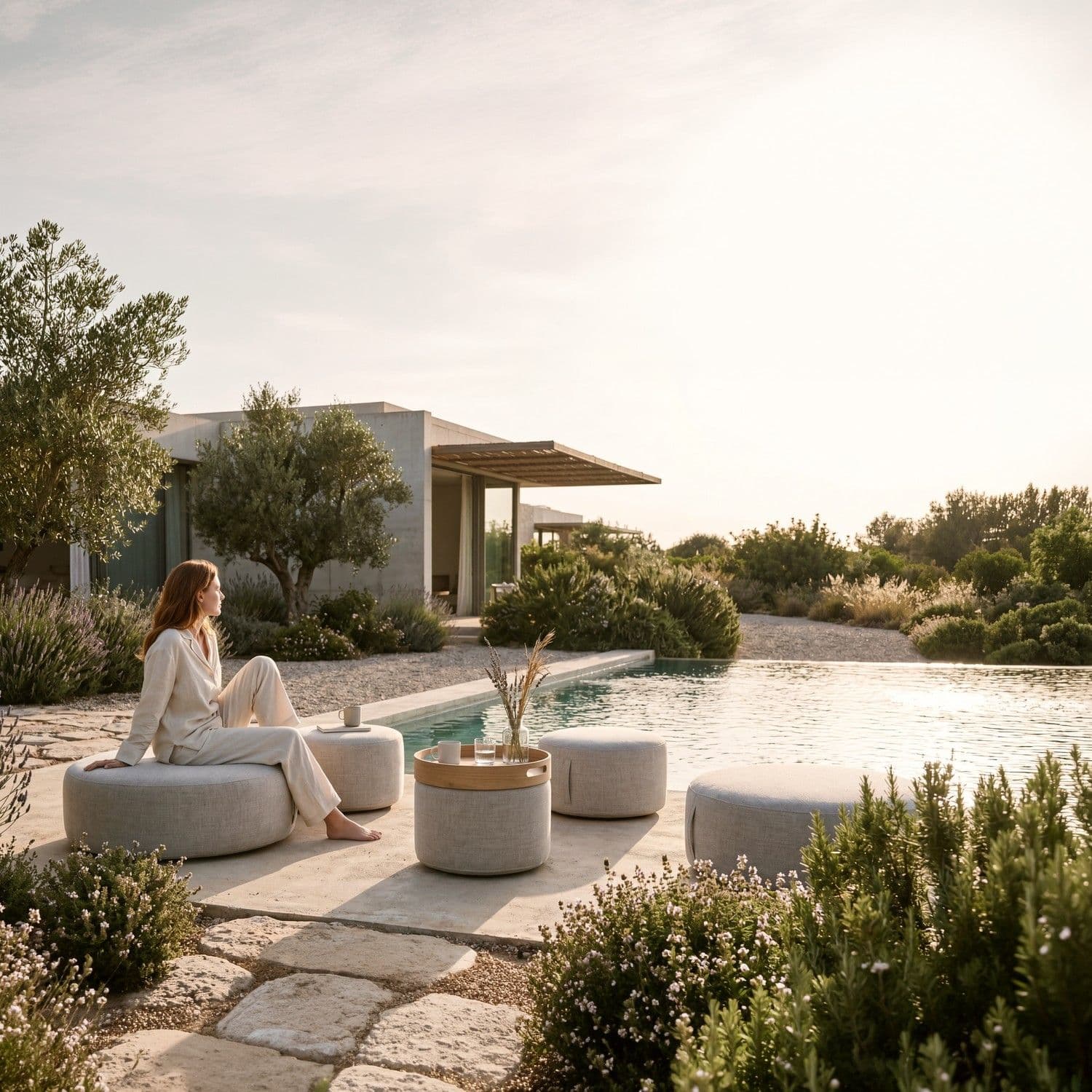 BLOOM Pearl collection luxury outdoor ottomans on a serene poolside terrace. Designer upholstered lounge furniture for premiu