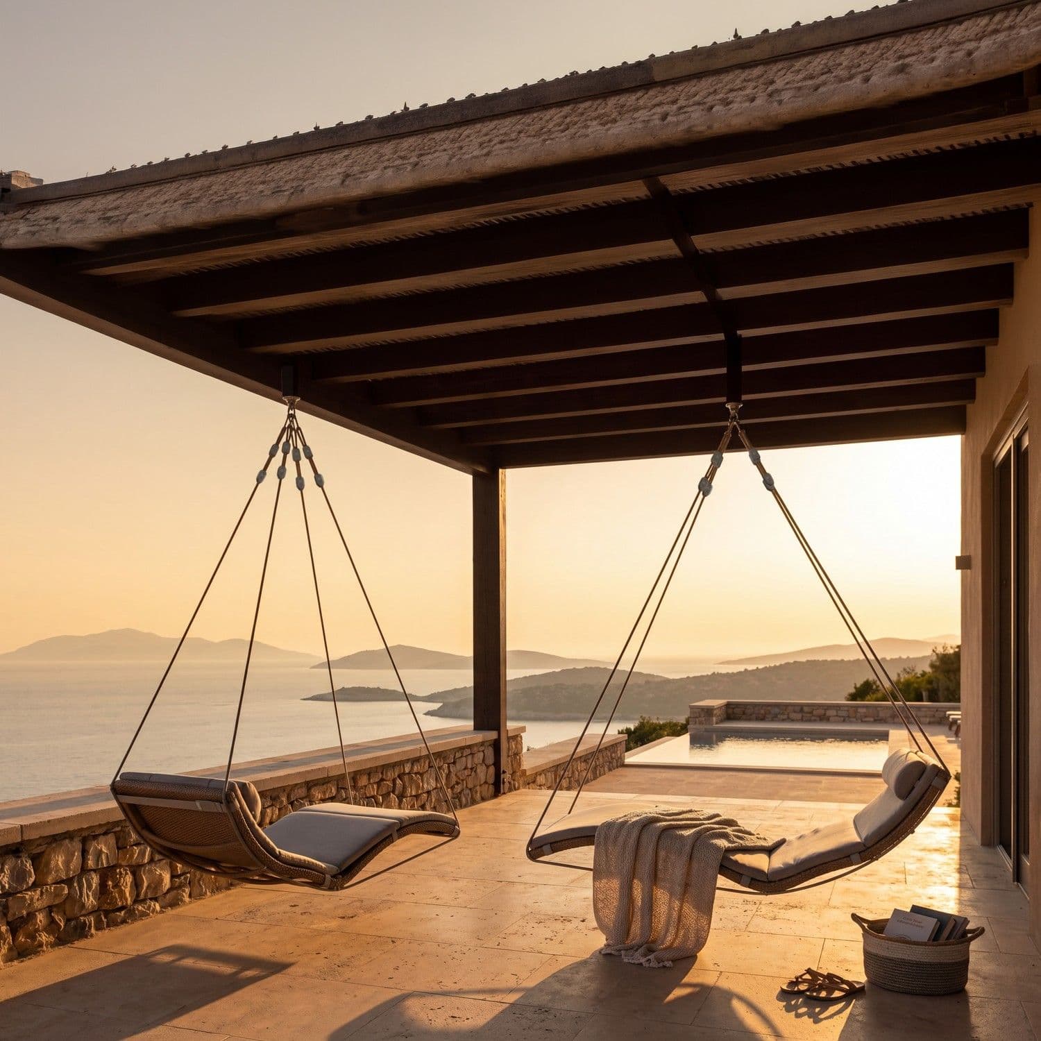 BLOOM Santai luxury hanging loungers on a premium coastal terrace overlooking the sea at sunset. Designer outdoor living for