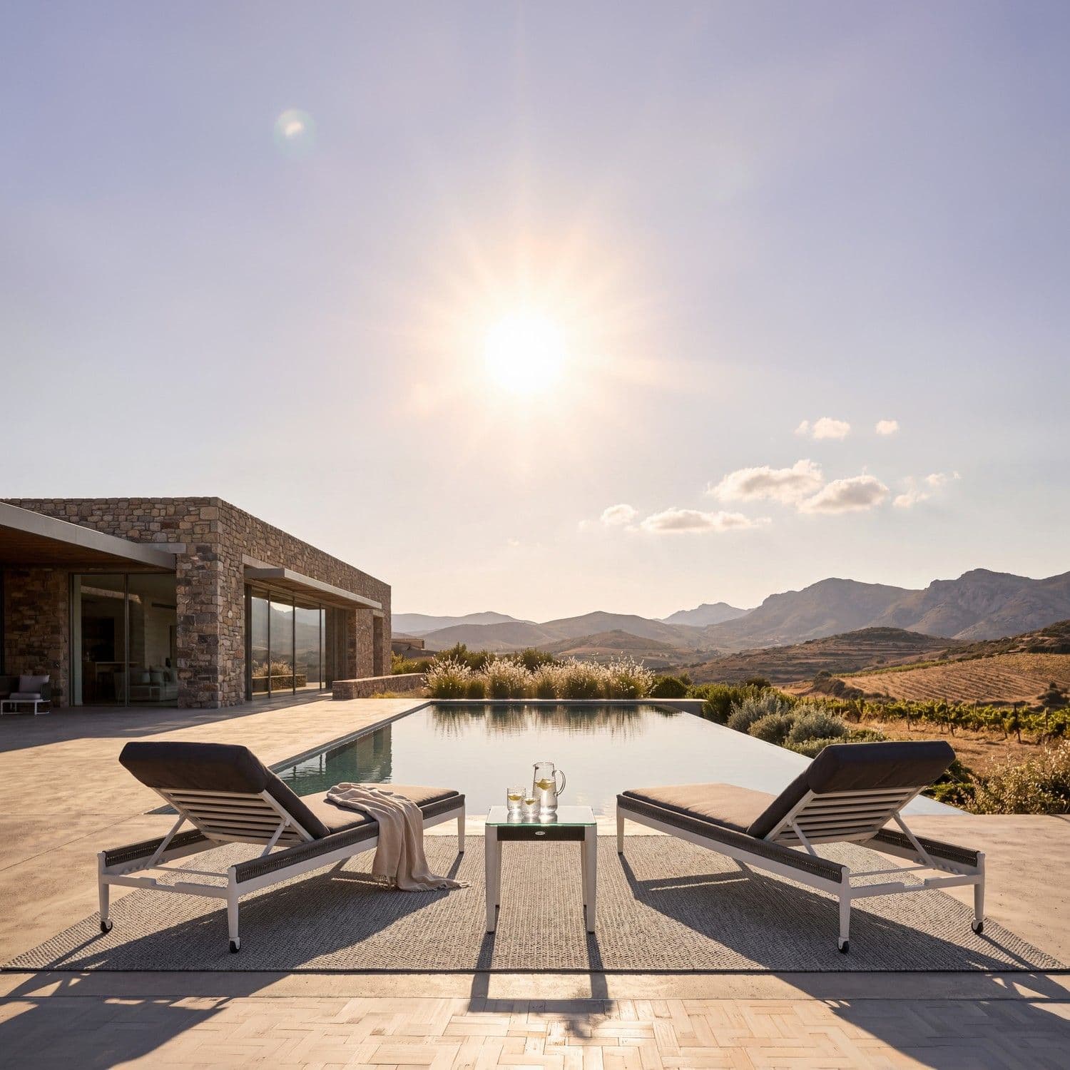 BLOOM Twist luxury sun loungers by an infinity pool at a designer villa, with stunning mountain views. Premium aluminum and w
