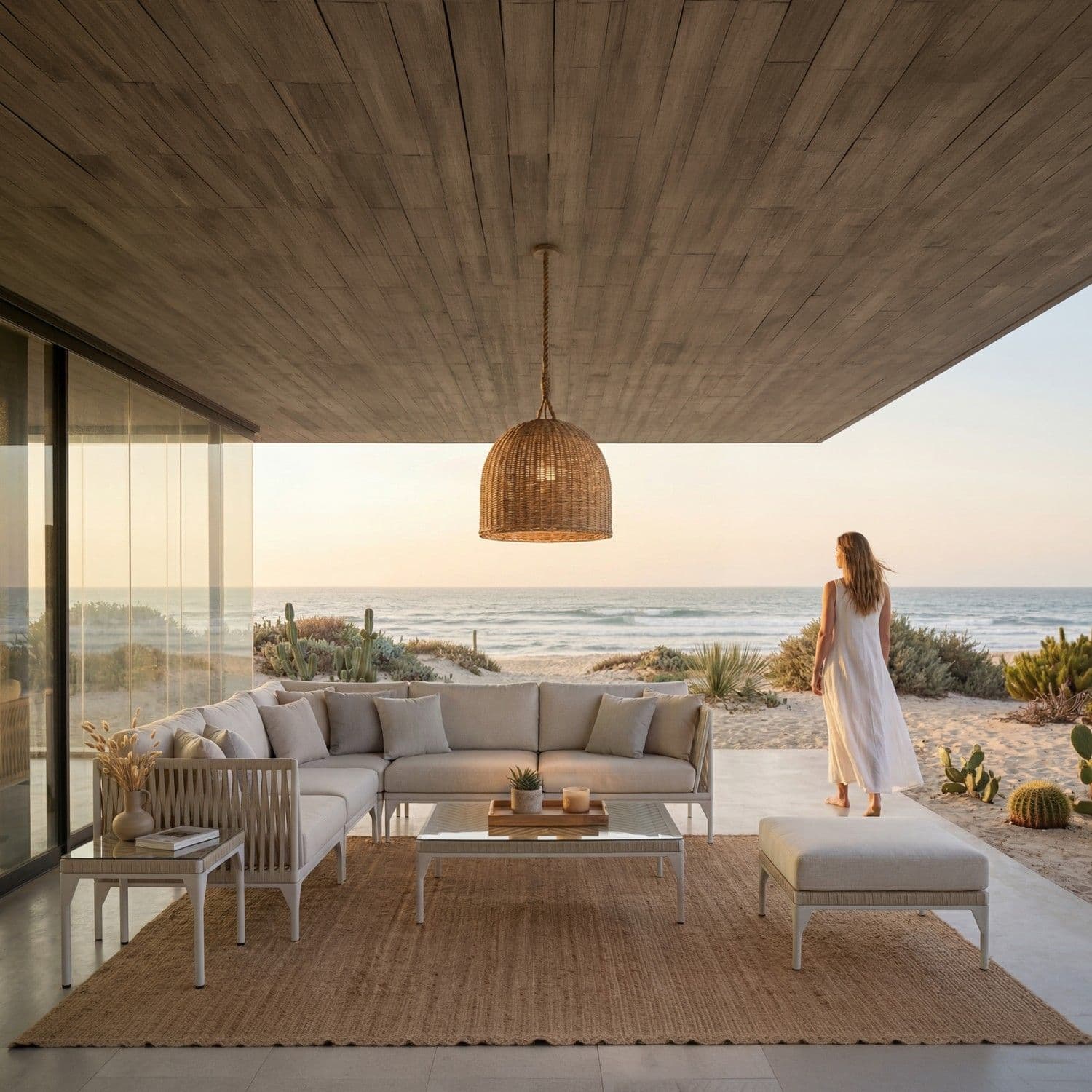 BLOOM Loop luxury outdoor sectional lounge on a premium beachfront terrace. Designer woven and fabric furniture for exclusive