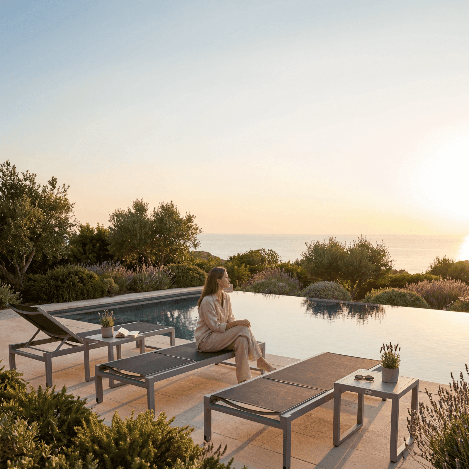 Woman relaxing on an aluminum lounger by an infinity pool, overlooking a Mediterranean sea sunset. Two dark fabric loungers.