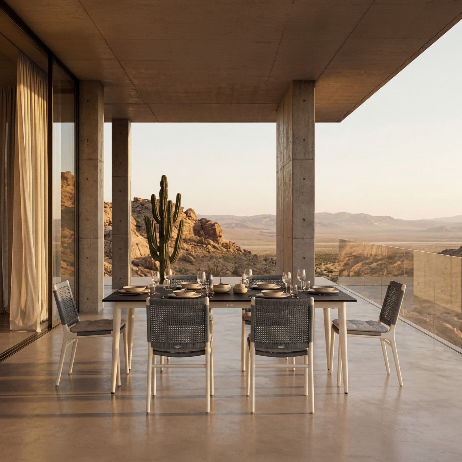 BLOOM Sol luxury outdoor dining set on a desert terrace, featuring designer woven chairs and a premium table, perfect for exc