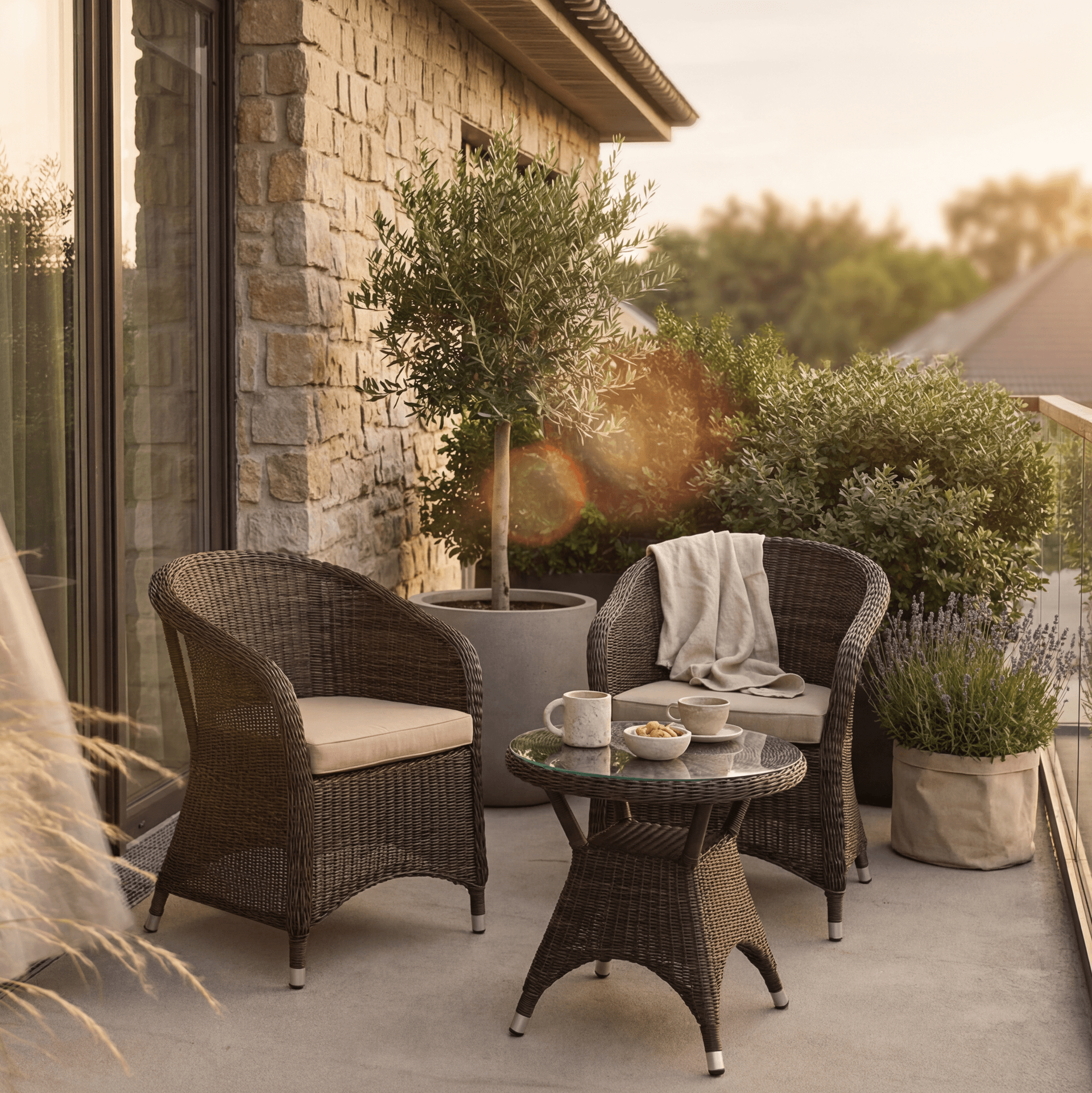 Two Hampton wicker armchairs with cushions and a matching side table on a luxury balcony with an olive tree and sunset views.