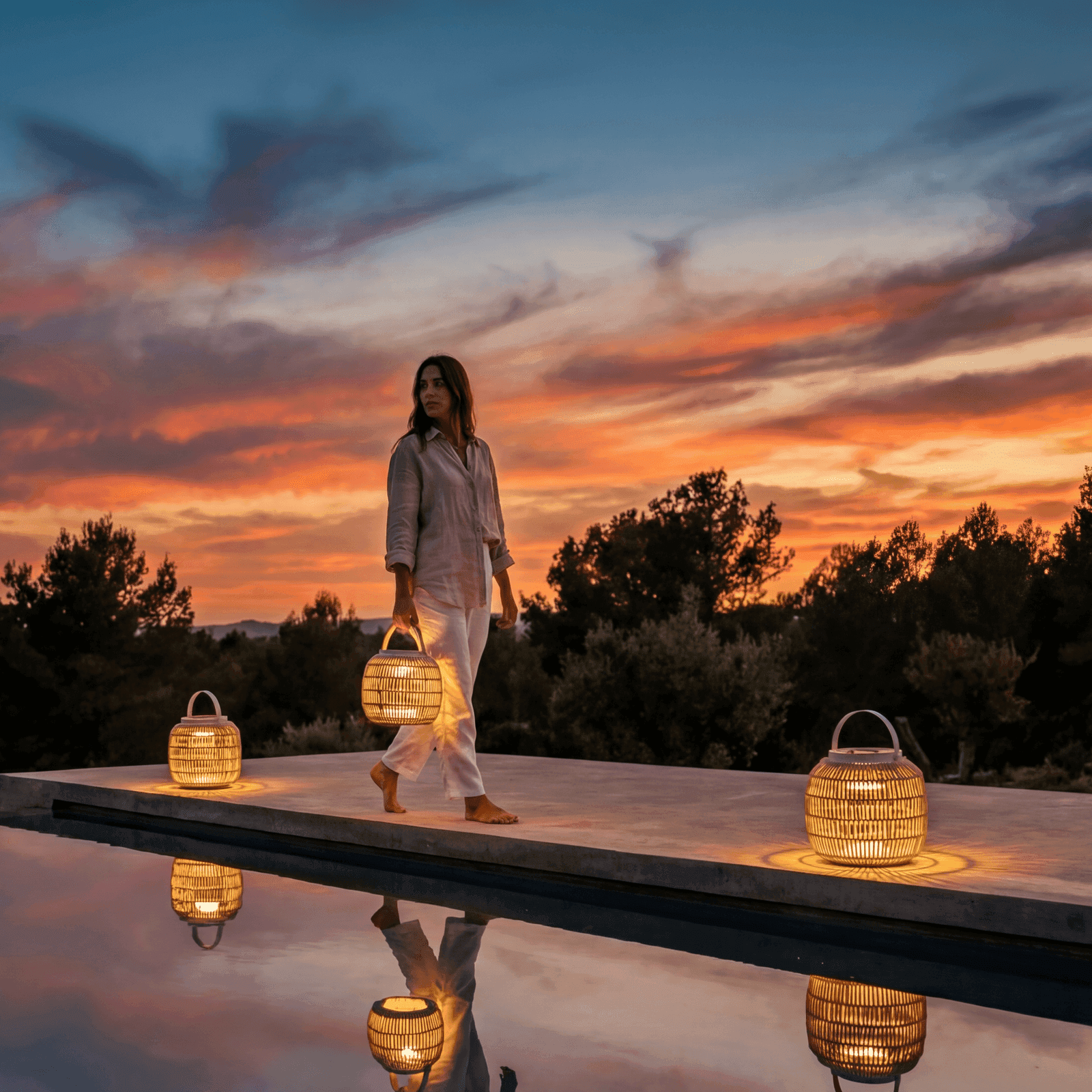 Woman walking barefoot on an infinity pool terrace carrying a woven rope lantern, with two more lanterns glowing beside the.
